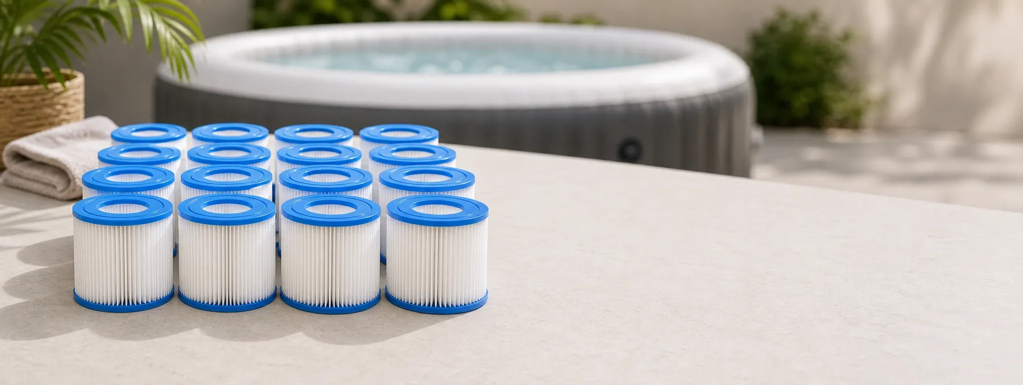 A set of sixteen blue and white pleated replacement spa filter cartridges arranged neatly on a light stone surface with a blurred inflatable spa and greenery in the background, suggesting a clean and relaxing home spa environment.