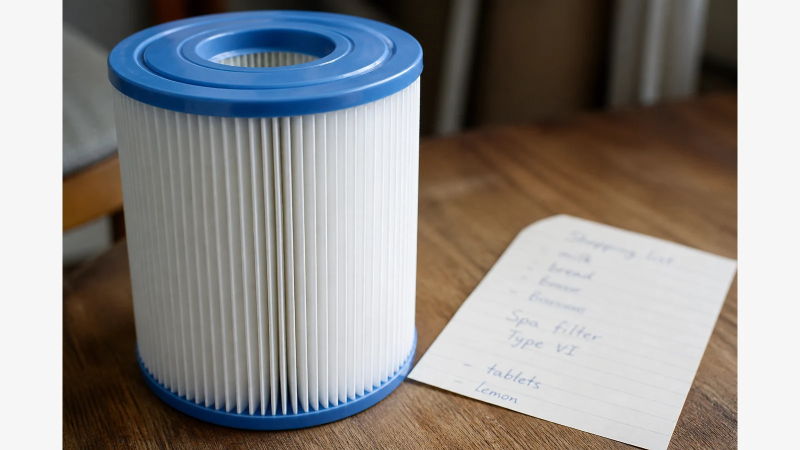 Type VI filter cartridge next to a UK note listing Bestway 58323 and 58477 filter codes