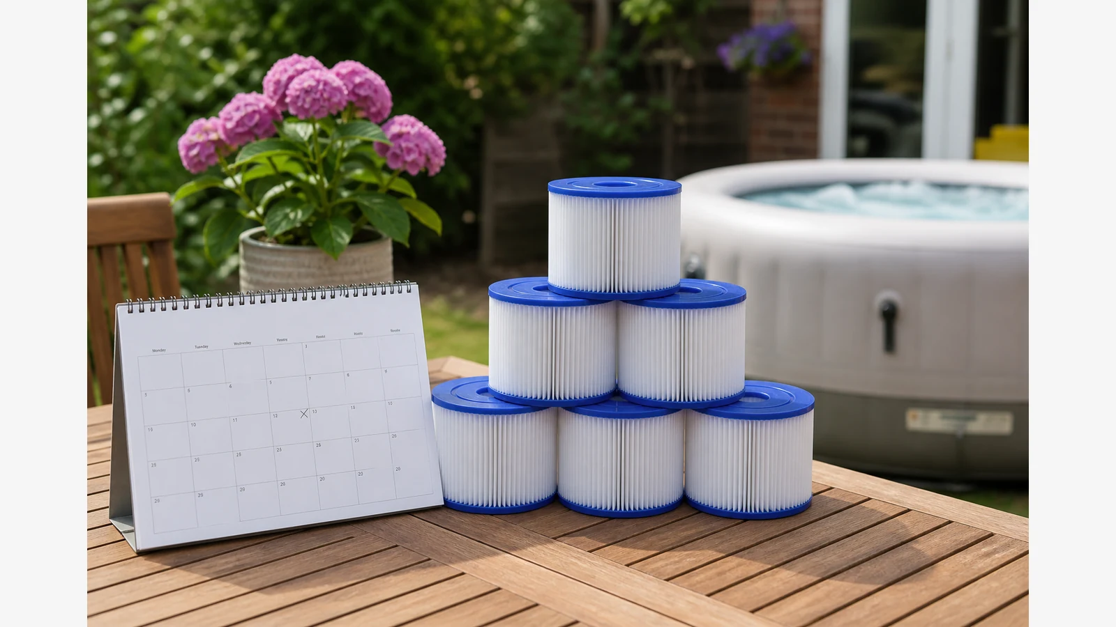 Stacked Type VI spa filter cartridges beside a UK summer calendar for seasonal restock planning