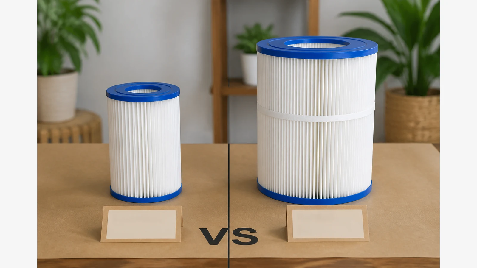 Side-by-side Type I pool filter and Type VI spa filter cartridges on a labelled comparison mat