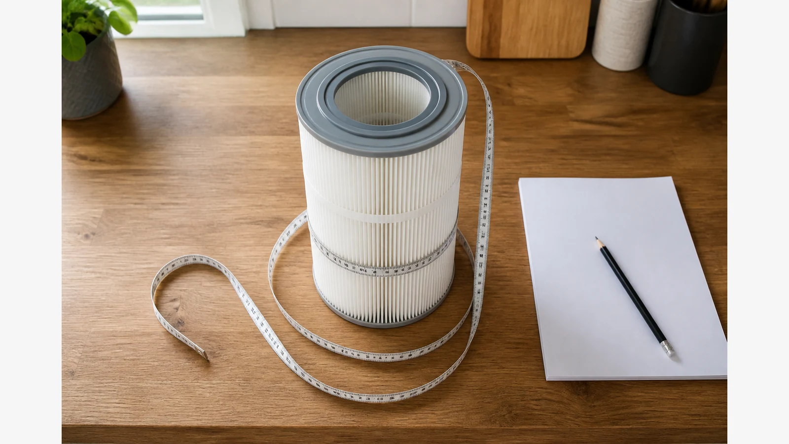 Measuring a Type VI hot tub filter cartridge diameter and height on a UK worktop