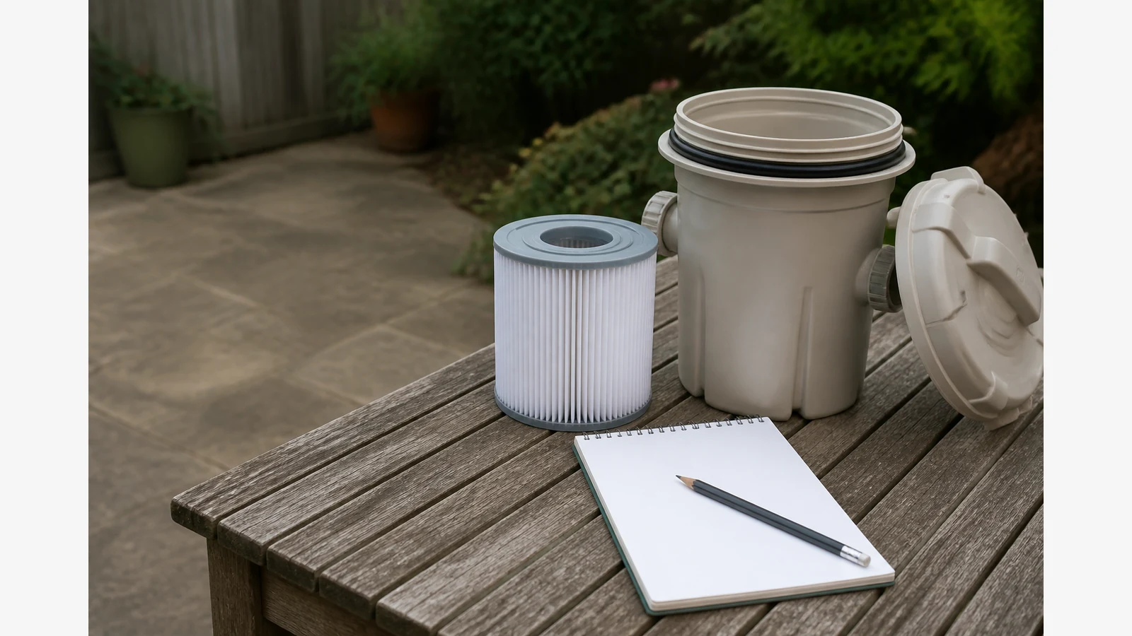 Type VI spa filter cartridge held next to an open Lay-Z-Spa style filter housing for UK compatibility checking